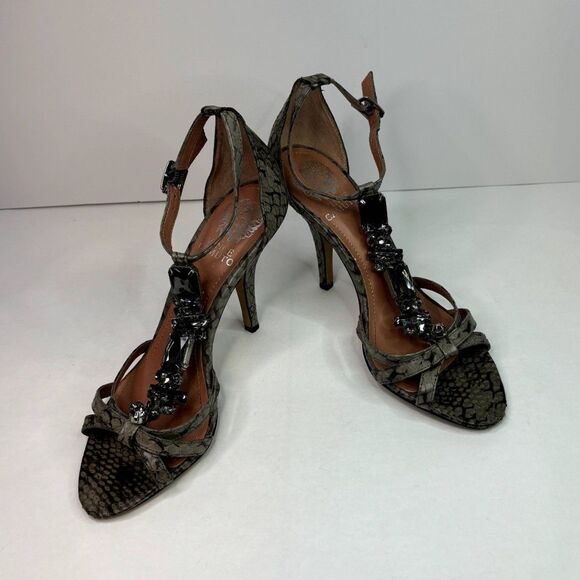 Vince Camuto Leather Snakeskin Open Toe Pumps Heels Buckle Grey Jeweled Womens - Picture 3 of 12